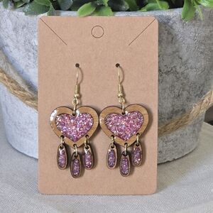 Handmade Resin Glitter Heart With Dangles Valentine Earrings